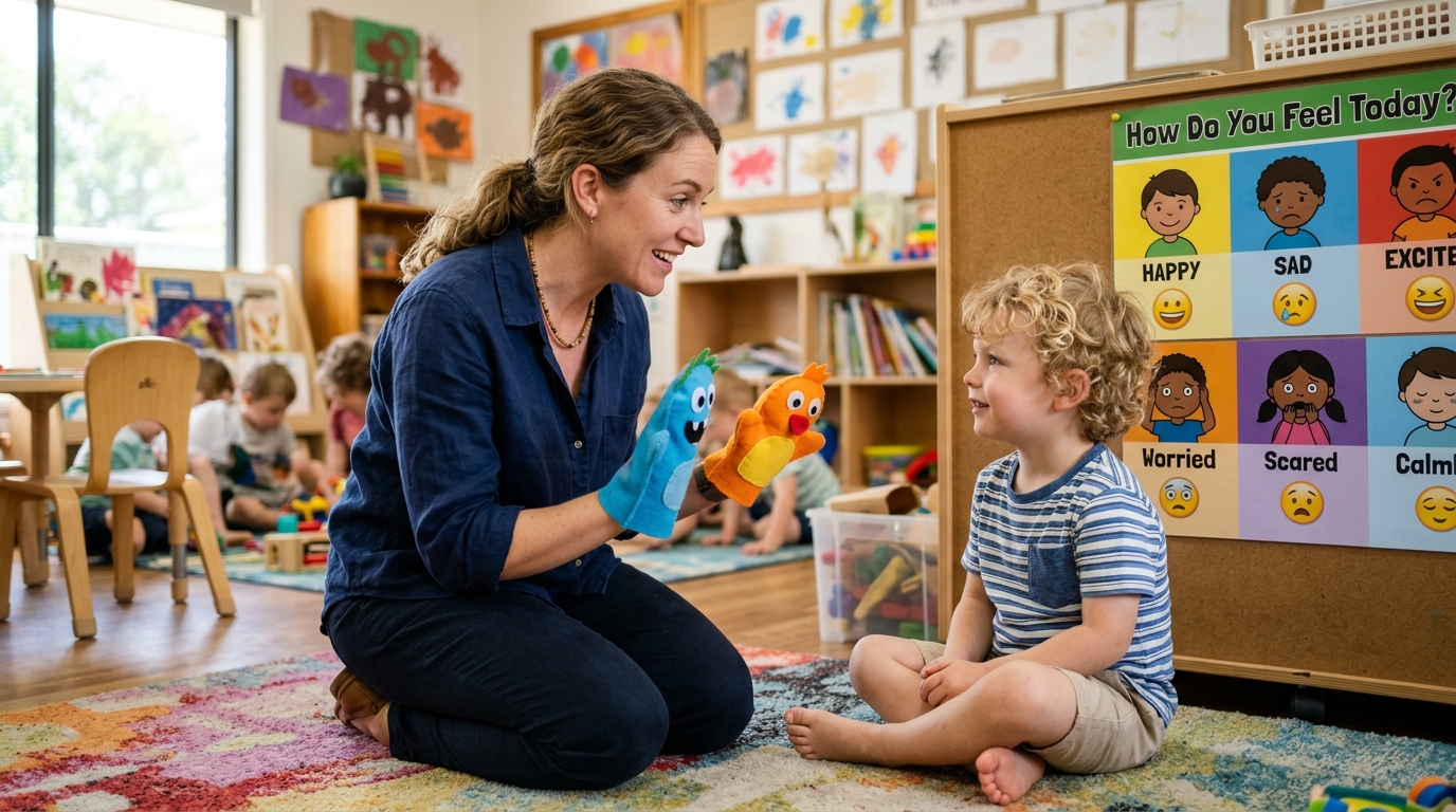 Attuned educator-child co-regulation using emotion puppets, visual feeling cards, and empathetic presence.