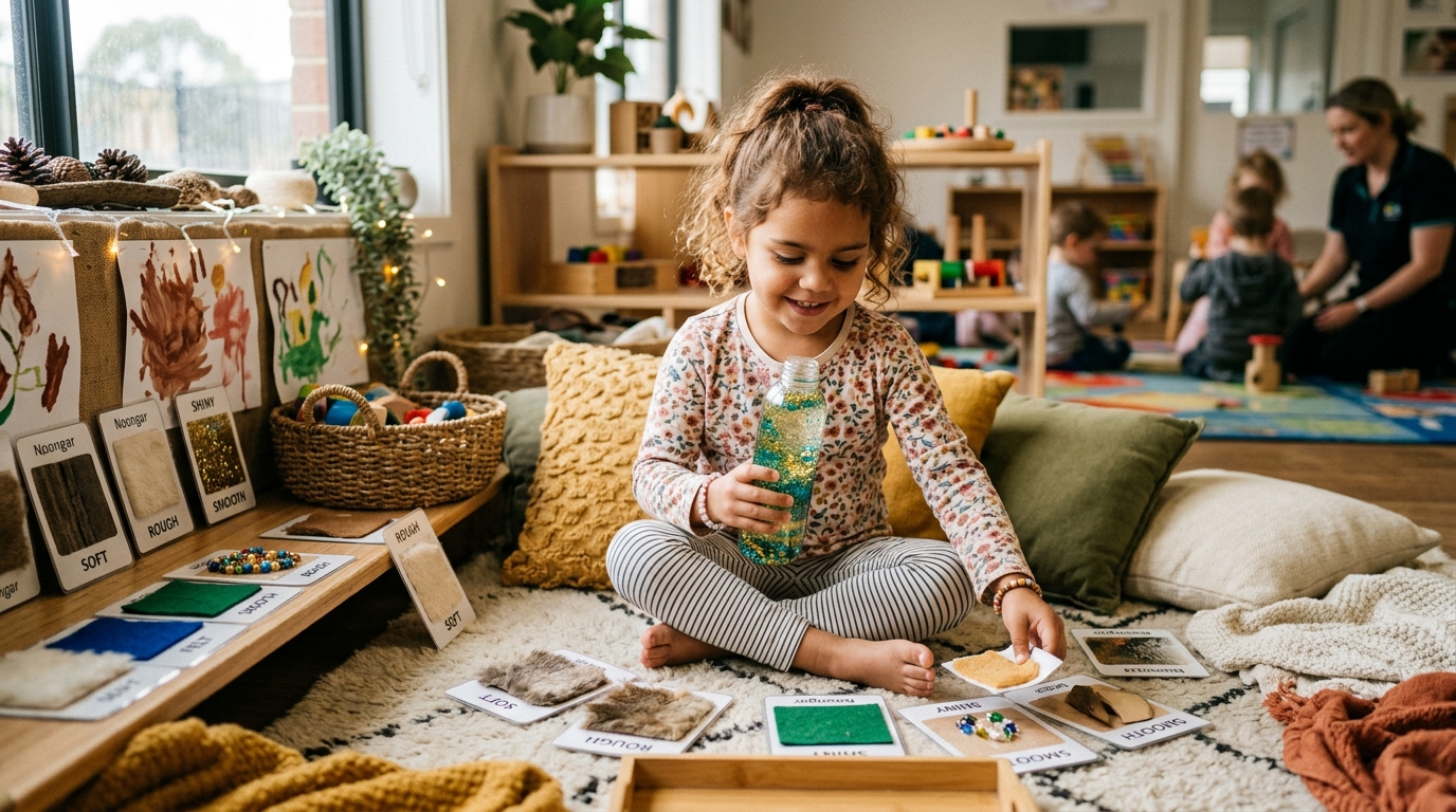 Exploring sensory bottles, soft cushions, and tactile texture cards in a dedicated cozy corner.