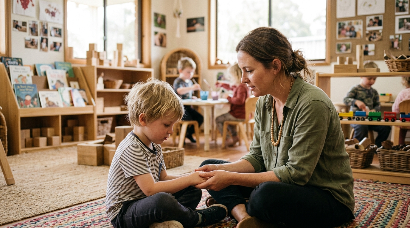 An empathetic early childhood educator seated on the floor rug at eye level, gently holding the hands of an overwhelmed young child with calm, grounded presence.