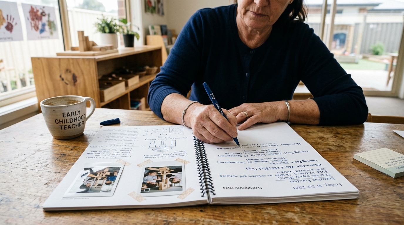 Close-up of an early childhood teacher writing handwritten pedagogical reflections in a Floorbook planning journal with printed photos of children's play.