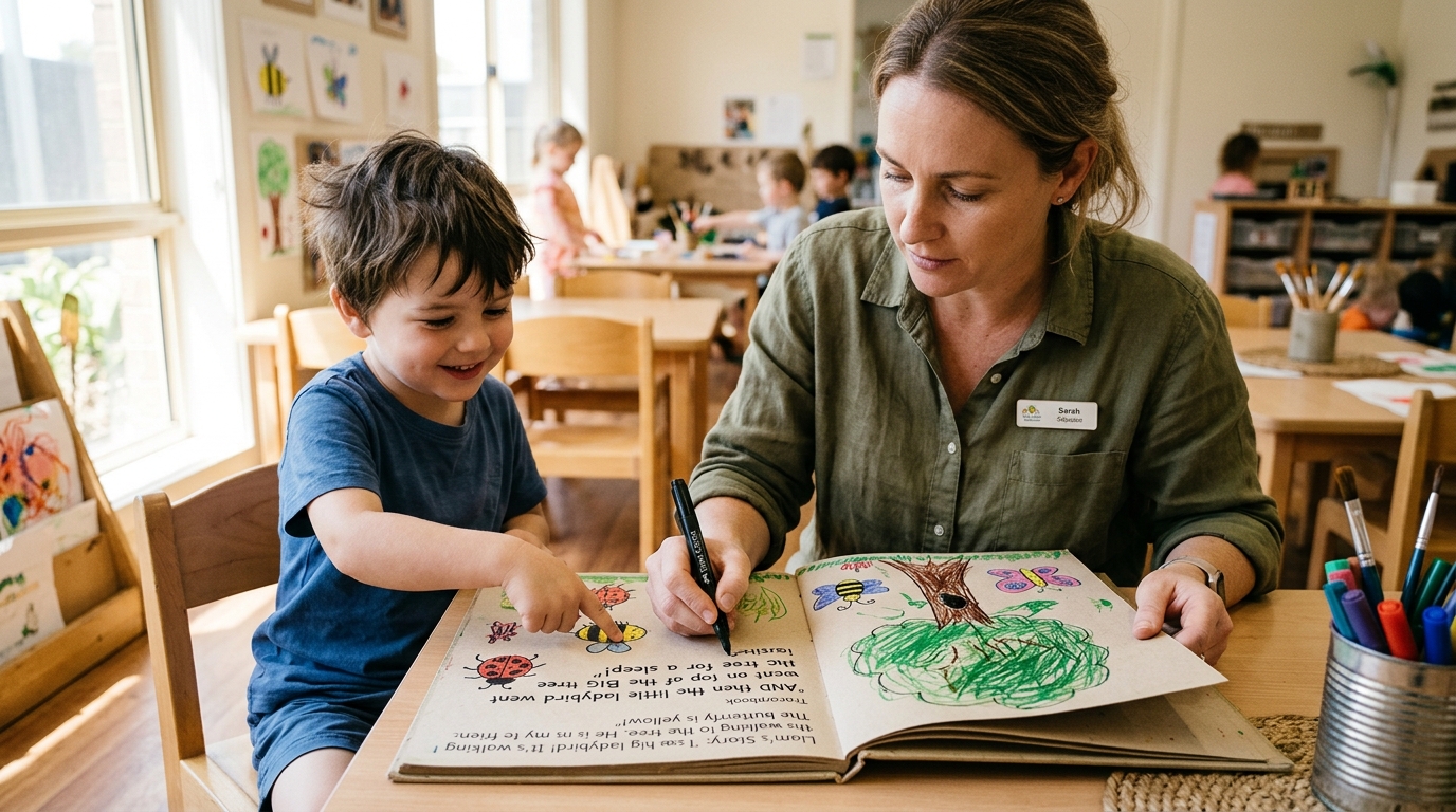 Educator attentively listening and scribing a child's exact quoted theories next to their illustration in a Floorbook.