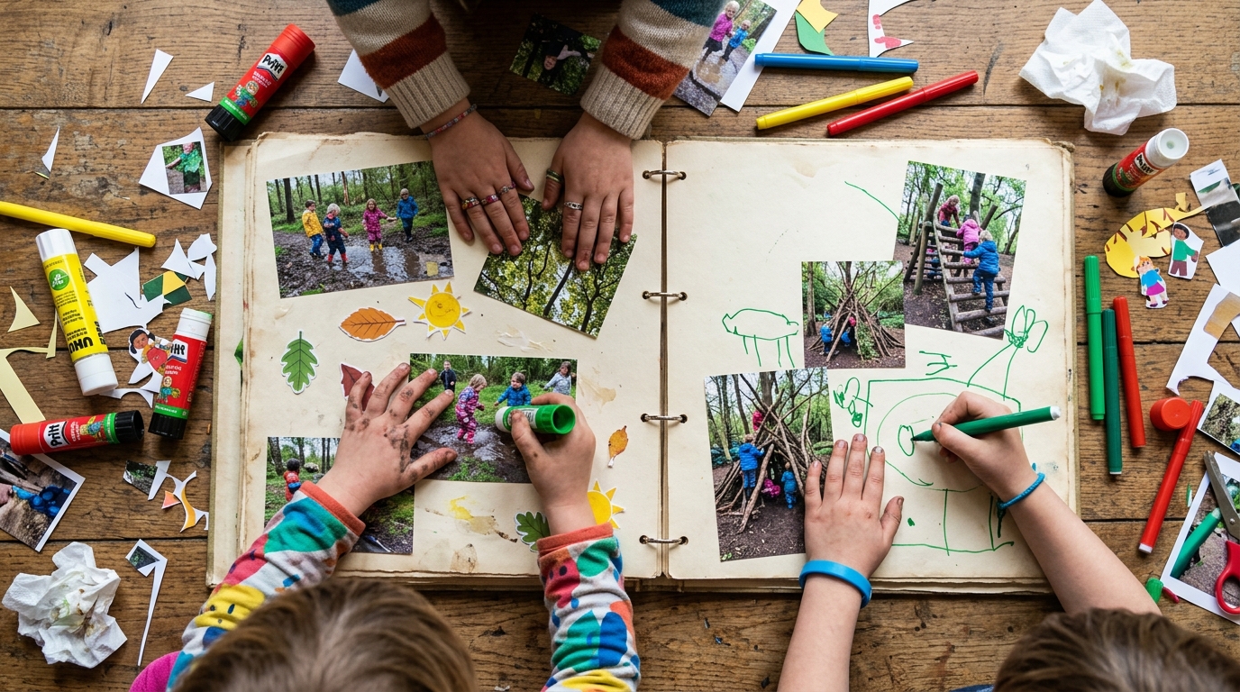 Overhead view of children arranging printed photos, cutting scraps, and sketching inside an open Floorbook.