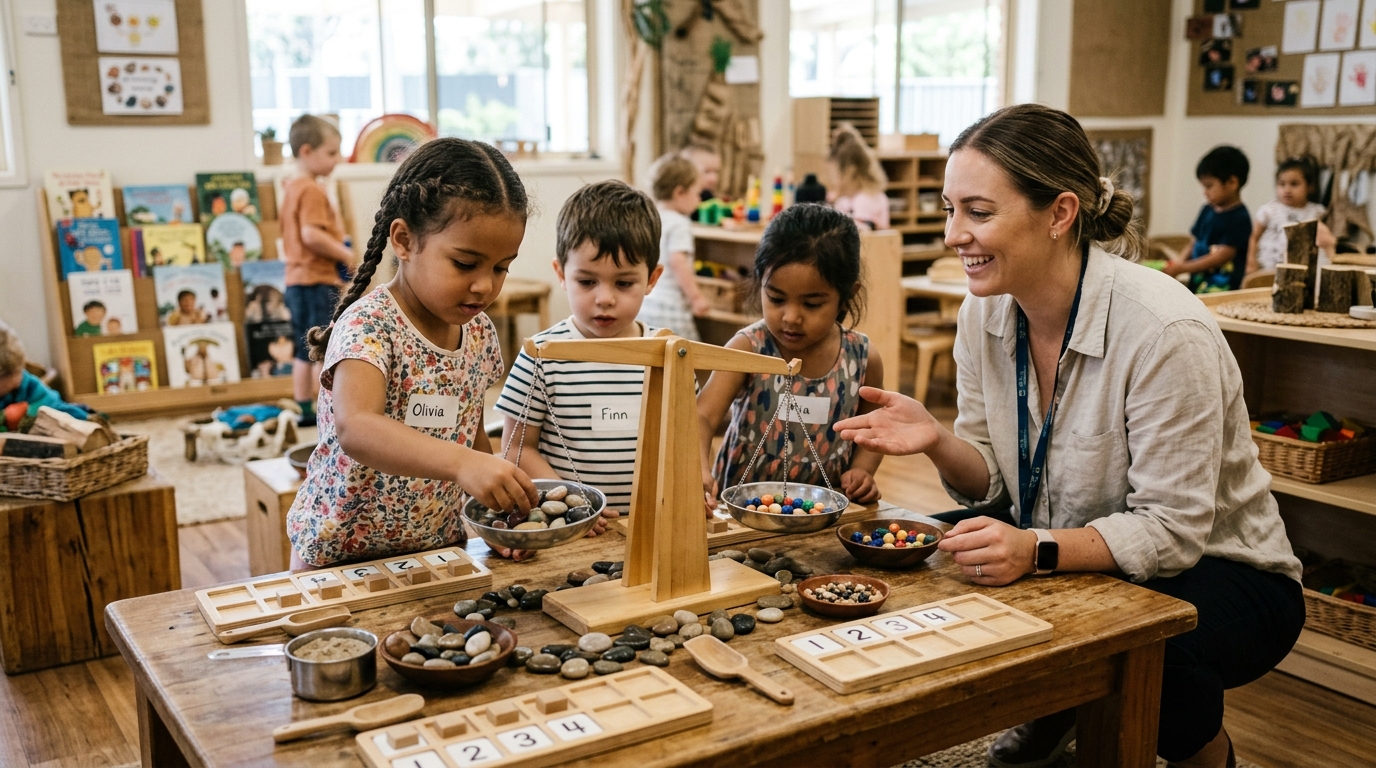 Small group of four-year-old children and an early childhood educator gathered around a wooden balance scale with stones and ten-frames.