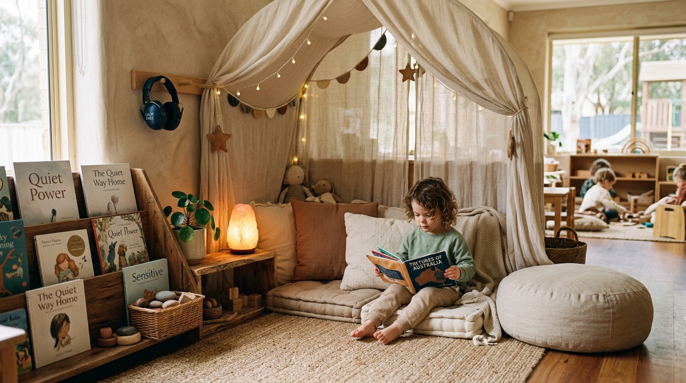 A peaceful neuro-affirming sensory retreat nook with a linen canopy, warm ambient salt lamp, neutral cushions, and noise-reducing earmuffs hung on a wooden peg.